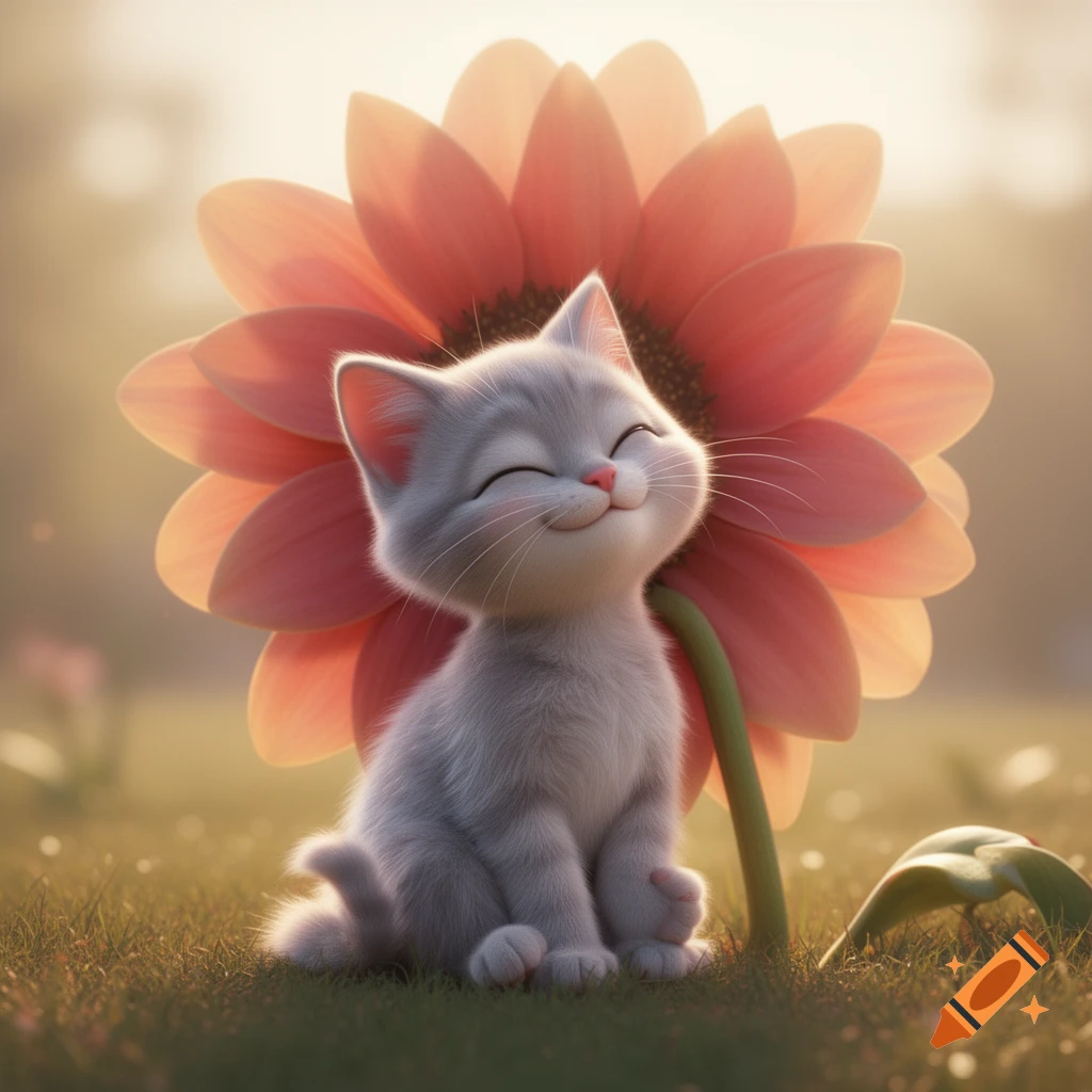 A cute 3D rendered gray kitten smiles with closed eyes, leaning against a large pink flower in a sunny grassy field.