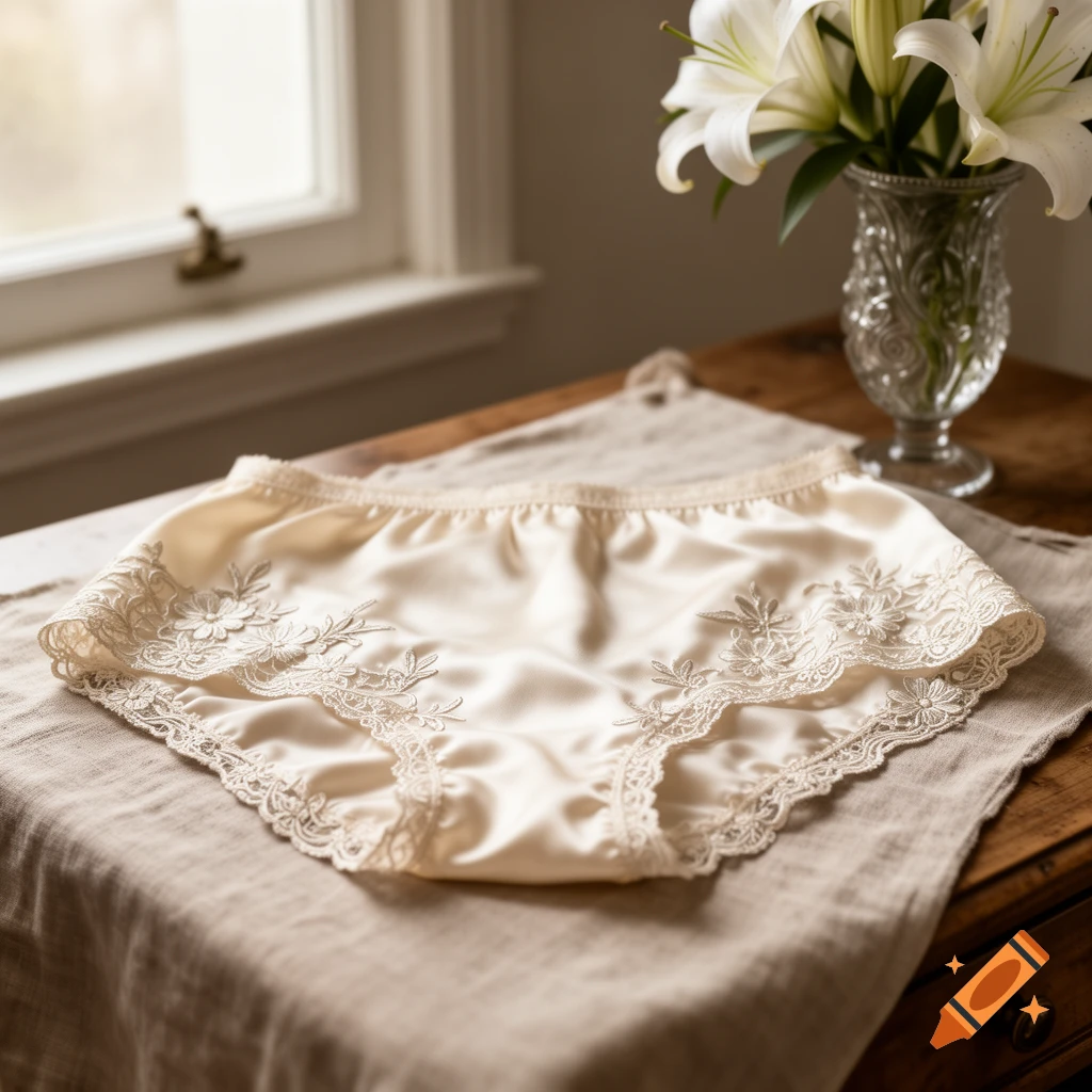 Cream silk knickers with lace trim lie on a linen cloth on a wooden table, with white lilies and a window in the background.