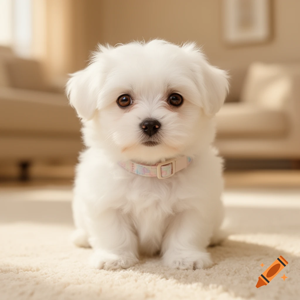 A fluffy white Maltese puppy with big brown eyes sits on a beige carpet, looking at the camera.