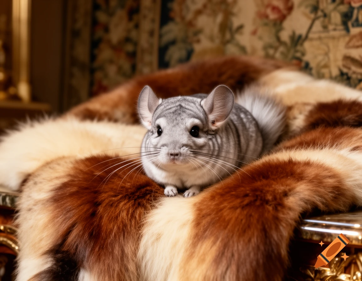 A fluffy gray chinchilla with large ears sits on rich brown and cream fur, against a patterned background.