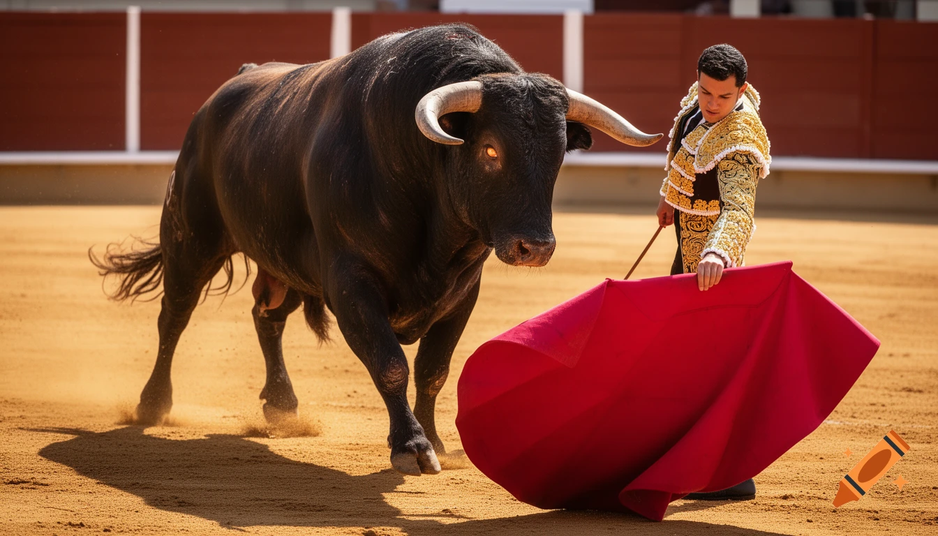 A large black bull with glowing eyes charges in a dusty bullring towards a matador holding a red cape.