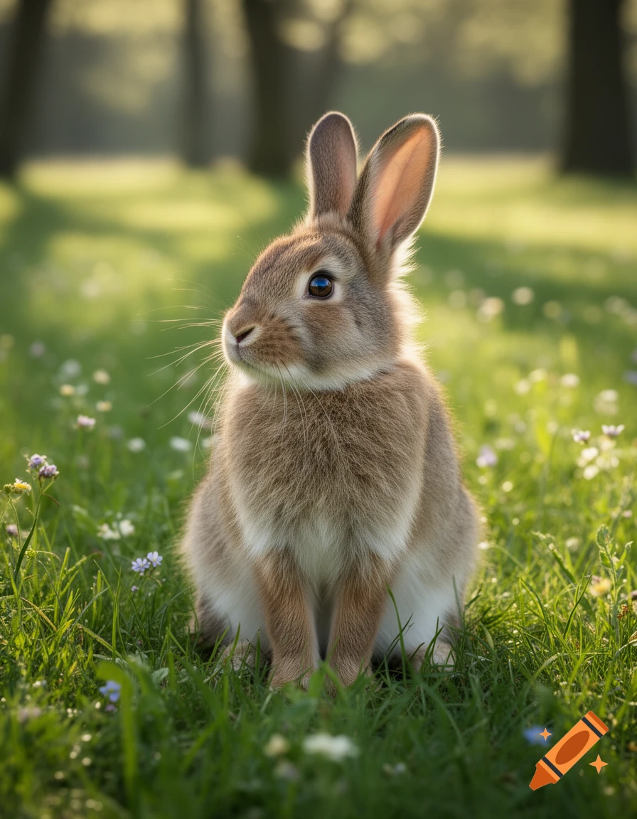 A fluffy brown rabbit sits in a sunlit grassy field among small wildflowers and green blades.