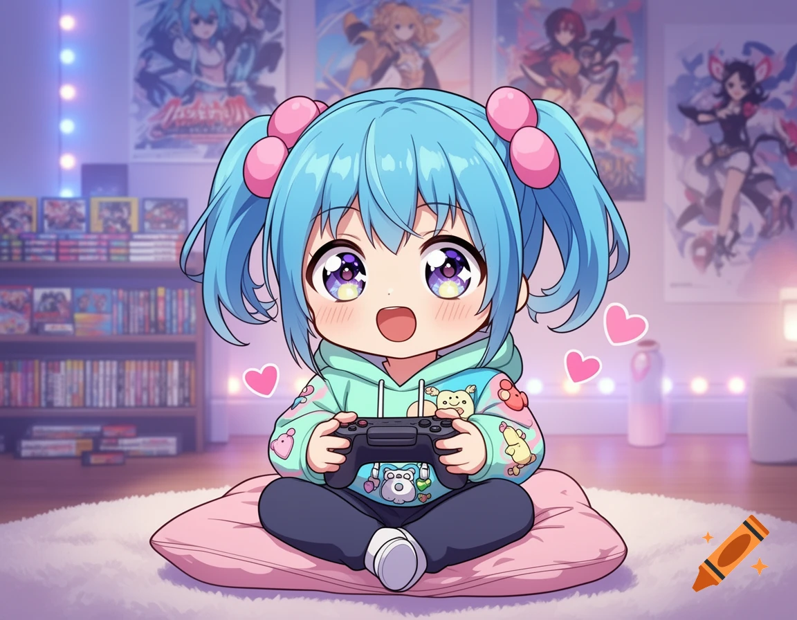 Chibi anime girl with blue hair playing video games on a cushion in a room with posters and books.
