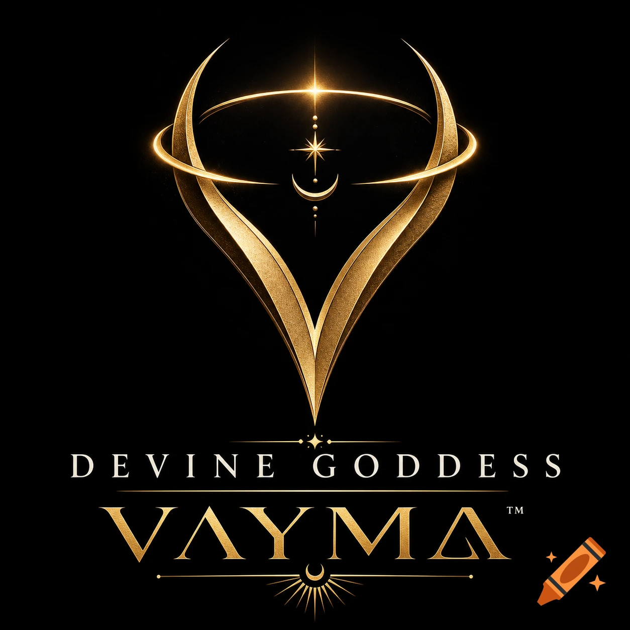 Gold and black logo for Devine Goddess Vayma, featuring a stylized V-sigil with a halo and elegant typography.