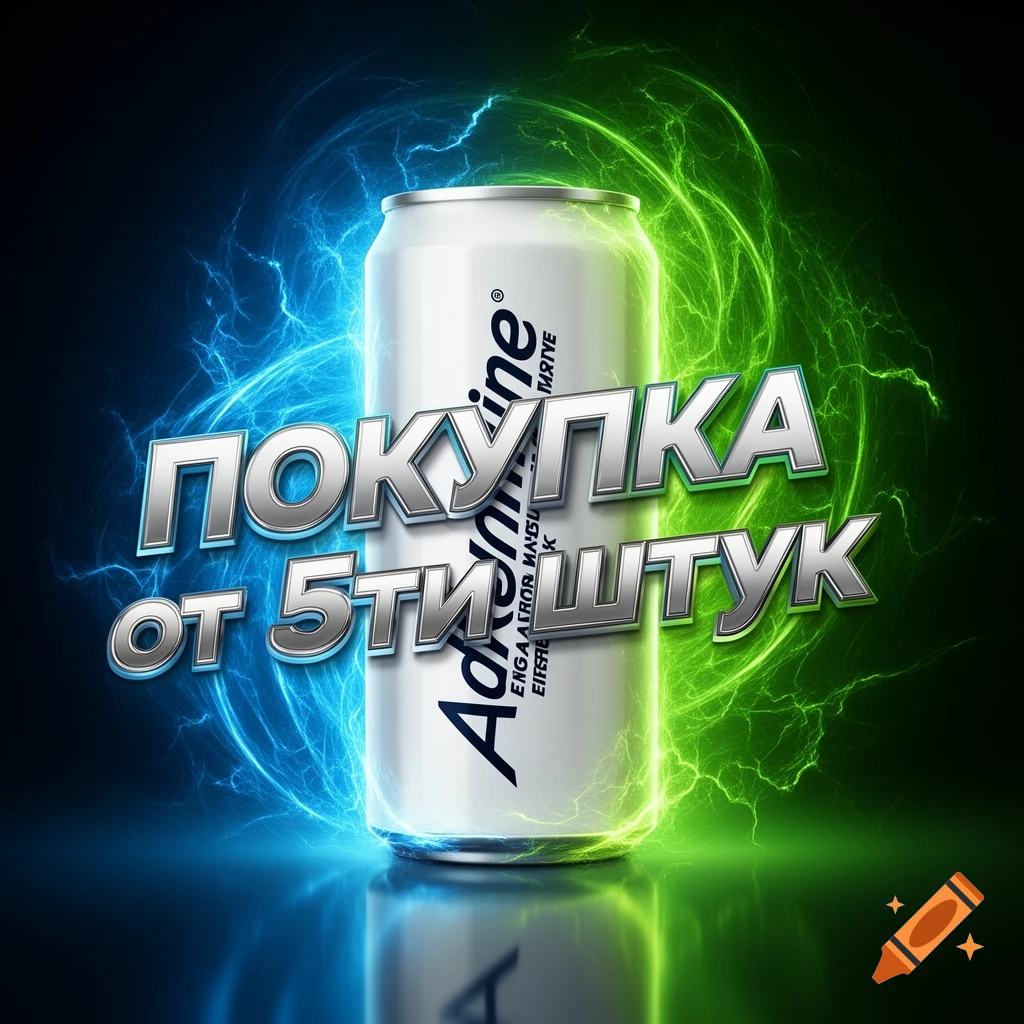 A white Adrenaline energy drink can with blue and green lightning effects and the text 'ПОКУПКА ОТ 5ТИ ШТУК'.