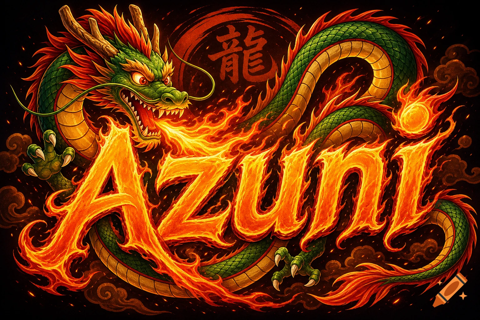 A vibrant, stylized green dragon with red accents breathes fire, its body entwined with the flaming orange letters spelling 'AZUNI', with a Chinese character in a red circle behind it.
