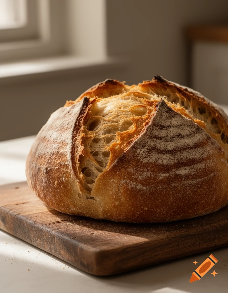 A rustic, crusty loaf of sourdough bread sits on a wooden cutting board, illuminated by sunlight.