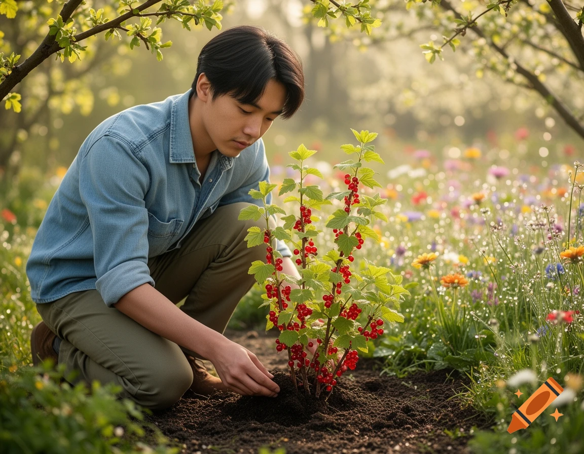 A young man carefully plants a red currant bush in a sunny, vibrant garden filled with colorful wildflowers, photorealistic.
