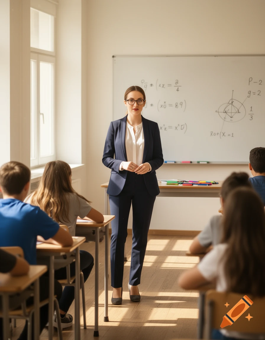 A female teacher in a suit stands at the front of a sunny classroom, facing students seated at desks, with a whiteboard behind her.