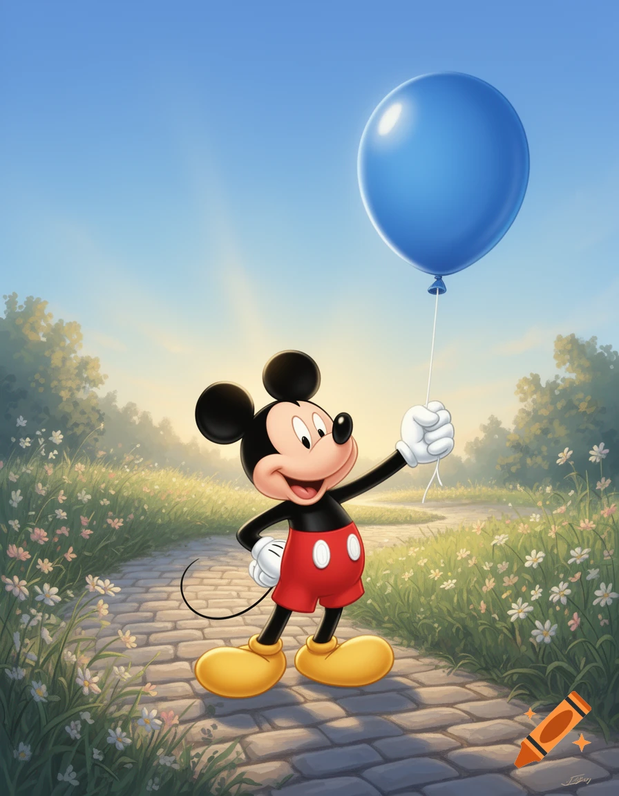 Mickey Mouse stands on a stone path in a sunny meadow, holding a large blue balloon with his right hand.