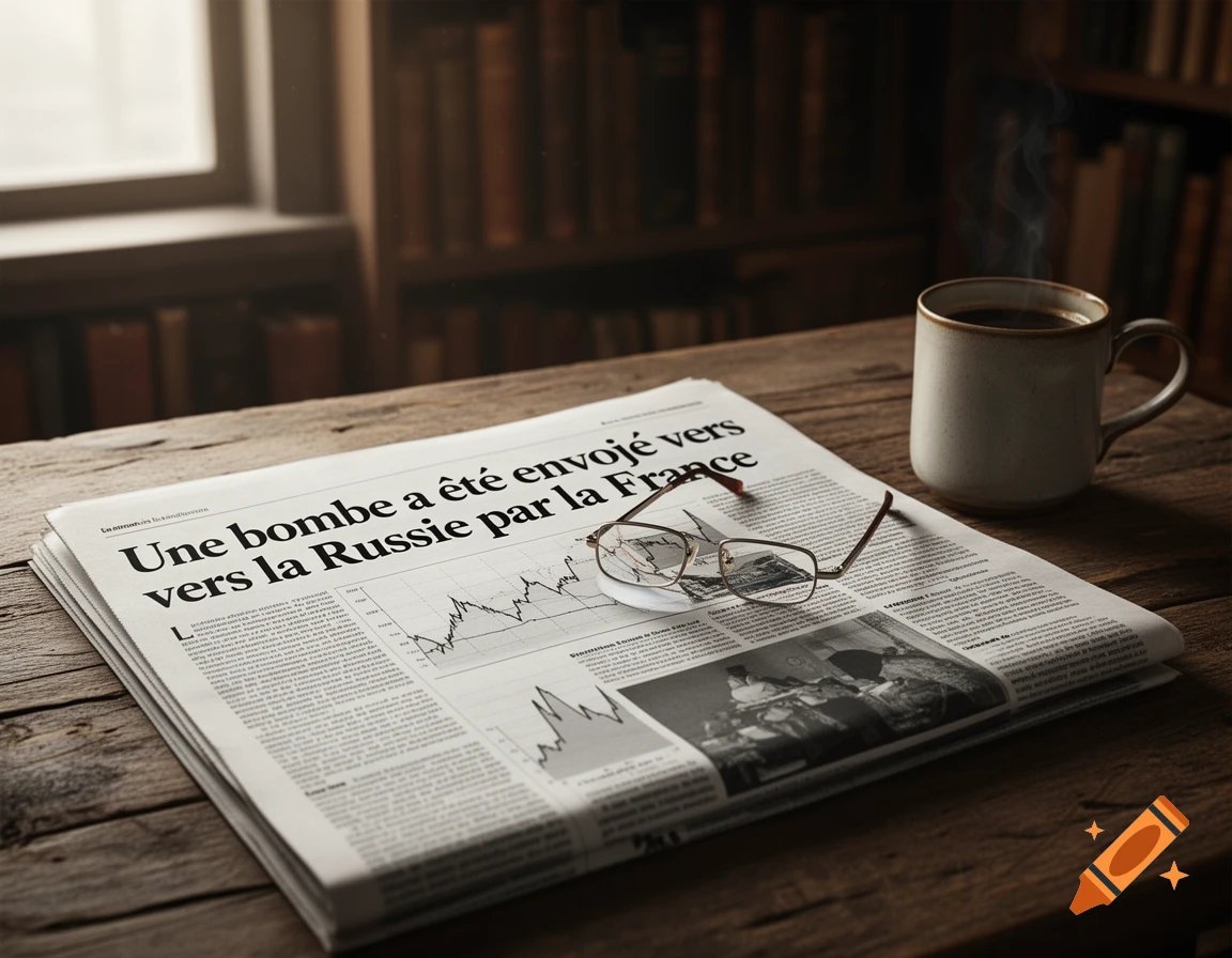 A newspaper with a headline about a bomb sent to Russia by France, eyeglasses, and a steaming coffee cup on a wooden desk. Photorealistic.
