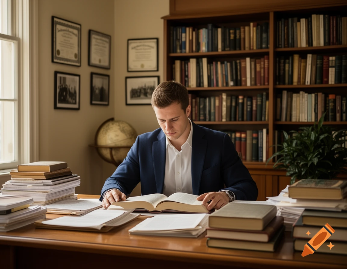 A man in a suit reads a book at a wooden desk filled with books and papers, in an office with bookshelves.