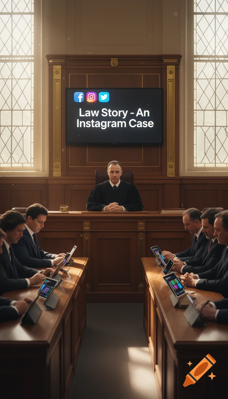 A judge presides in a courtroom with lawyers using tablets, facing a large screen displaying 'Law Story - An Instagram Case' with social media logos.