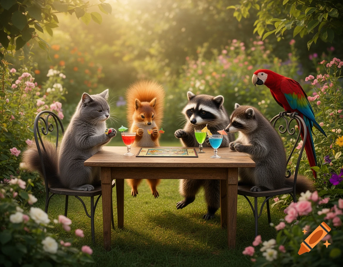 A cat, a squirrel, two raccoons, and a parrot play board games and drink cocktails in a sunny garden.