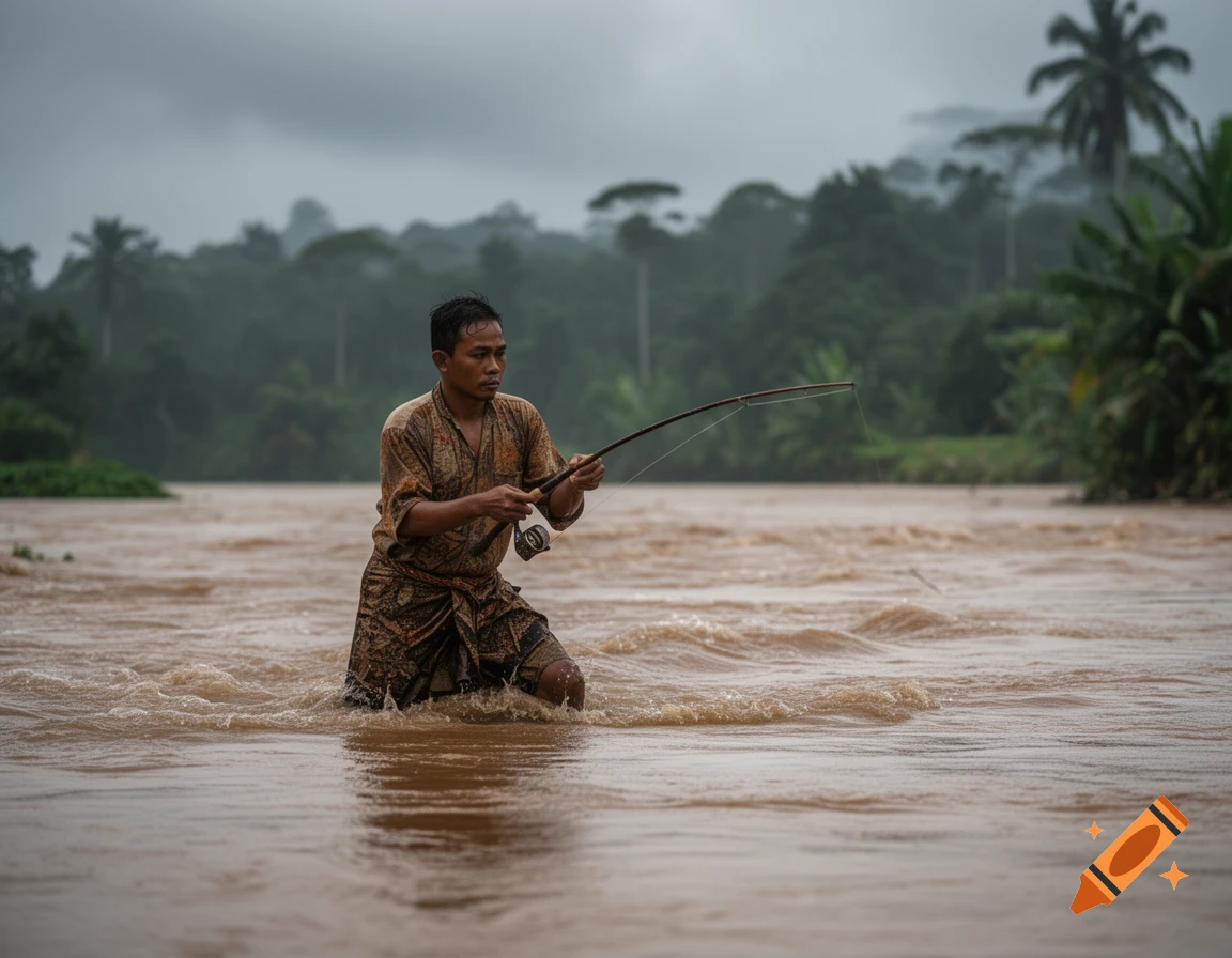 A man fishes with a rod, standing in a muddy, surging river with a dense tropical jungle in the background.