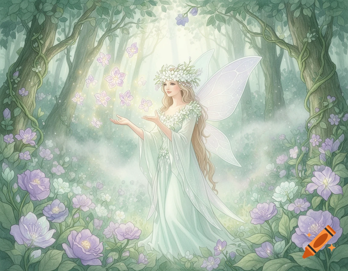 A blonde fairy with wings and a flower crown in a magical watercolor forest, surrounded by purple and white flowers, with glowing flowers floating from her hands.