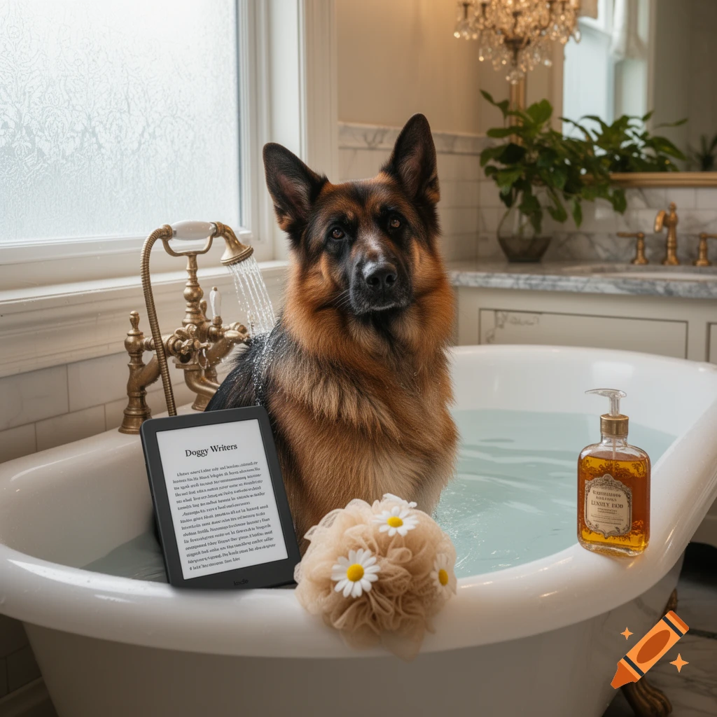 A German Shepherd sits in a luxurious bathtub, with an e-reader displaying "Doggy Writers" next to it. A bottle of soap and a loofah with daisy decorations are also in the tub, which has running water from a golden faucet.