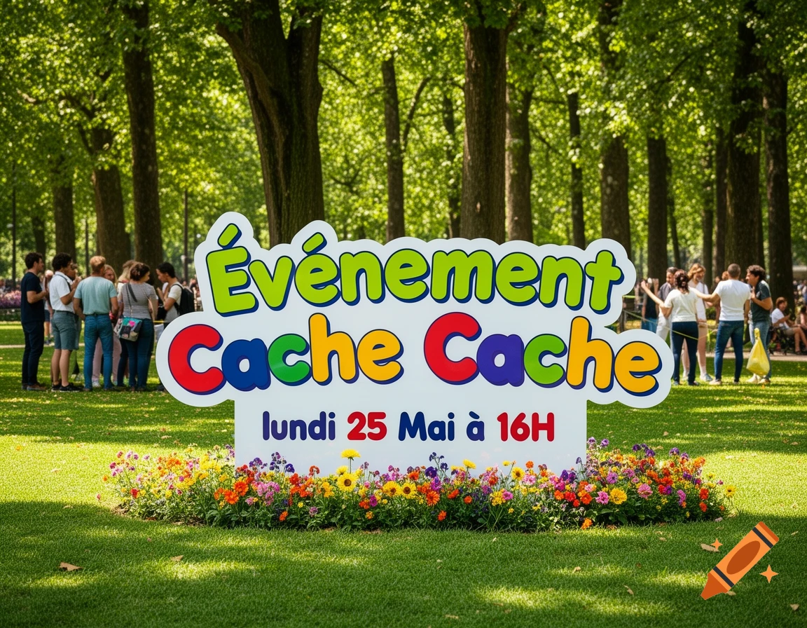 A colorful 'Événement Cache Cache' sign for an event on "lundi 25 Mai à 16H" in a grassy park surrounded by trees and people.