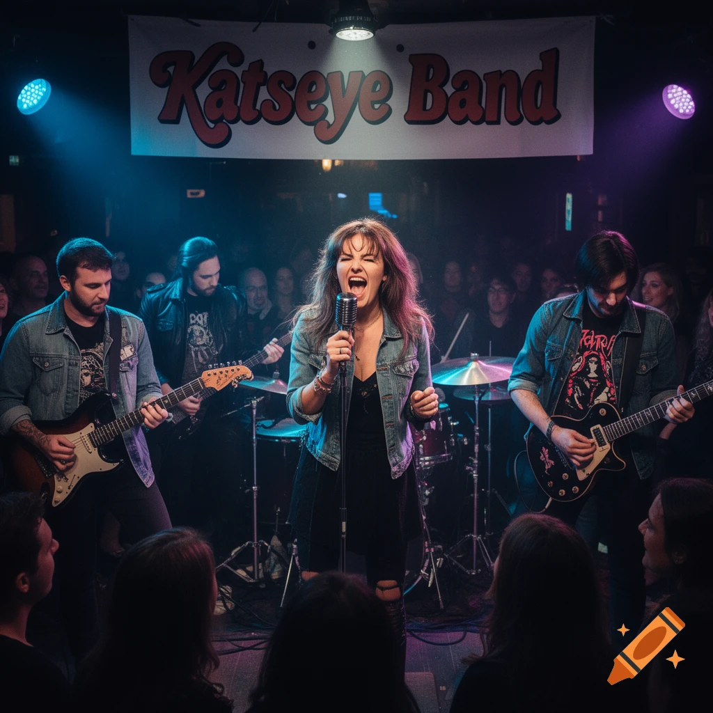 A band, Katseye Band, performs on a dimly lit stage under blue and purple spotlights for a crowd.