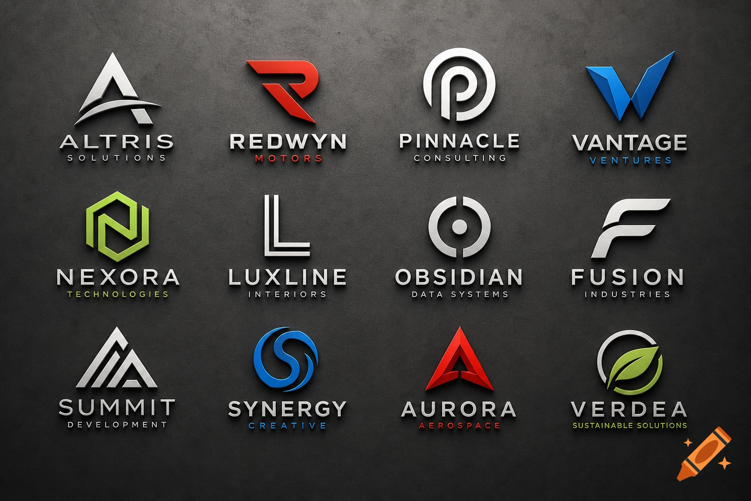 A grid of twelve 3D-rendered corporate logos on a dark grey textured background, featuring various stylized letters and symbols.