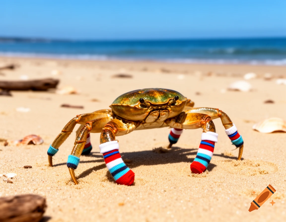 A close-up of a crab wearing colorful striped socks on a sandy beach with the ocean in the background.