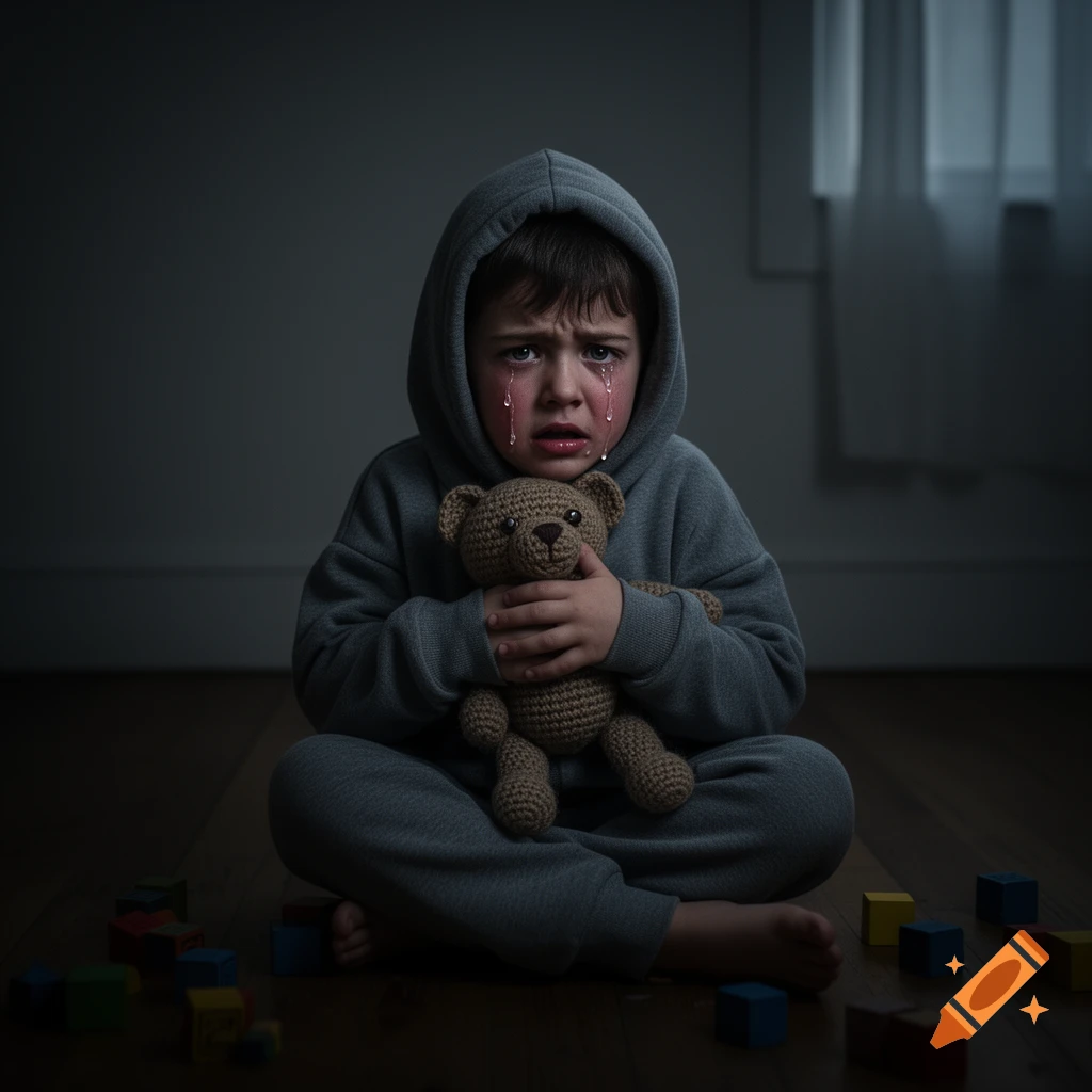A crying child in a grey hoodie sits on a wooden floor, clutching a teddy bear, with colorful blocks scattered around in a dimly lit room, photorealistic.