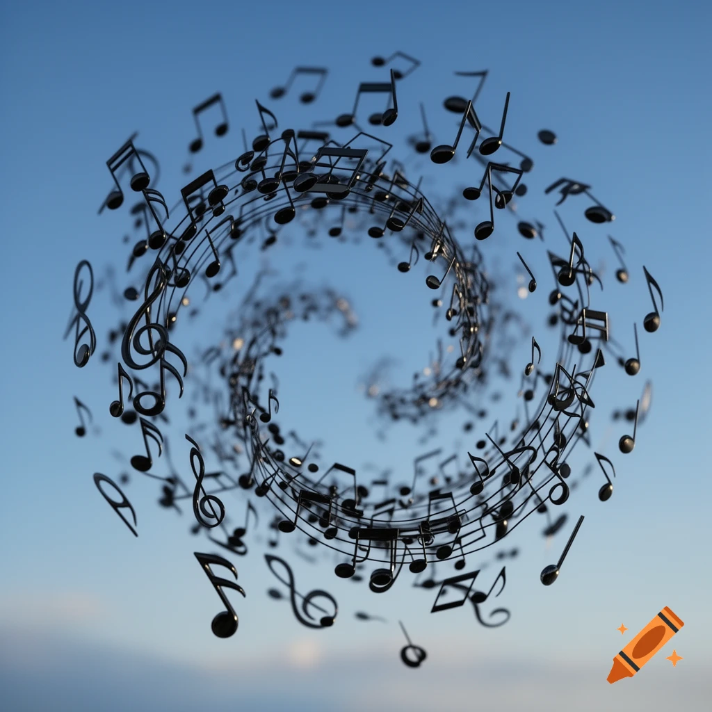 Black musical notes and staffs swirl in a spiral formation against a clear blue sky.