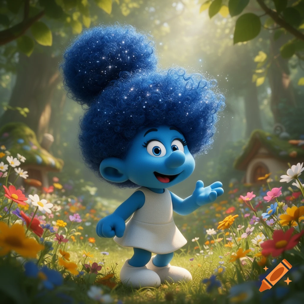 A blue Smurfette character with a large sparkly blue afro puff and white dress stands smiling in a vibrant forest meadow with colorful flowers.