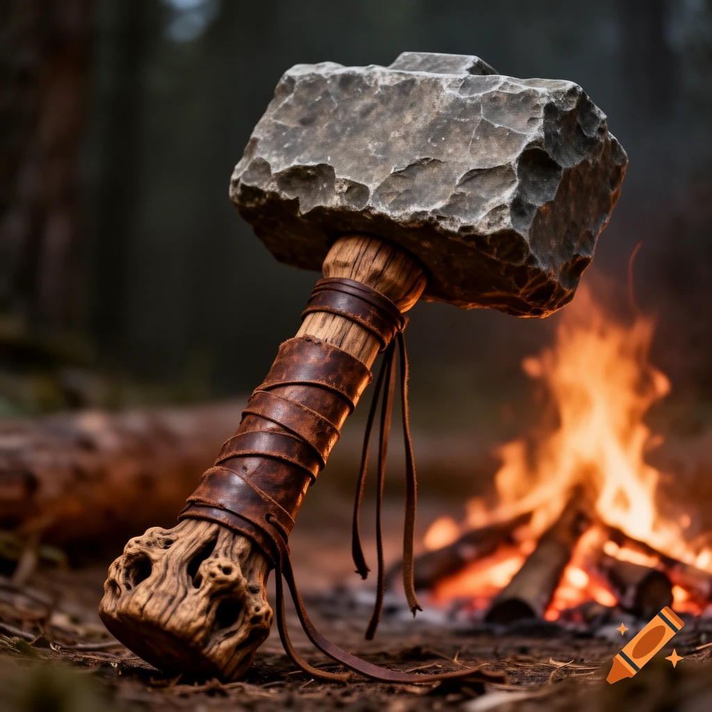 A rustic warhammer with a rough stone head and leather-wrapped wooden handle stands by a campfire in a dark forest, photorealistic.