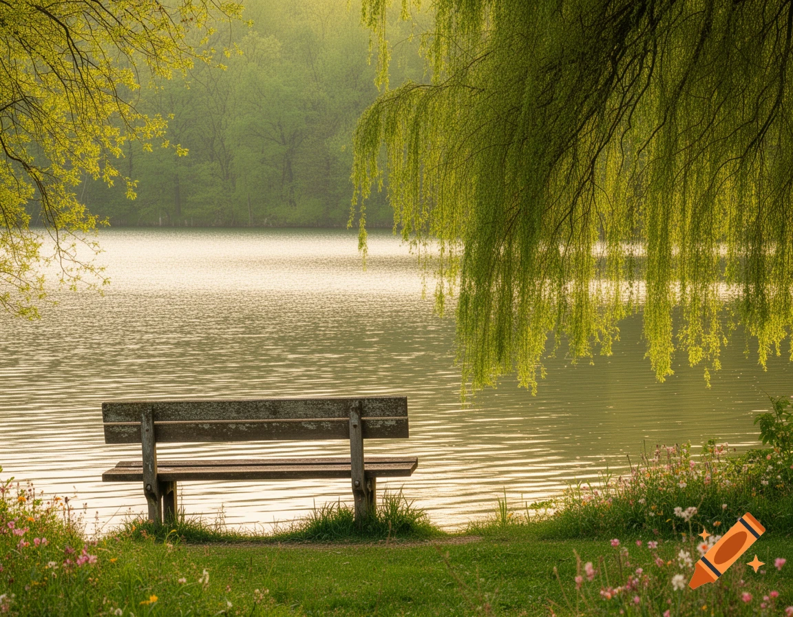 A wooden park bench sits on green grass by a calm lake with weeping willow branches overhead and wildflowers in the foreground.