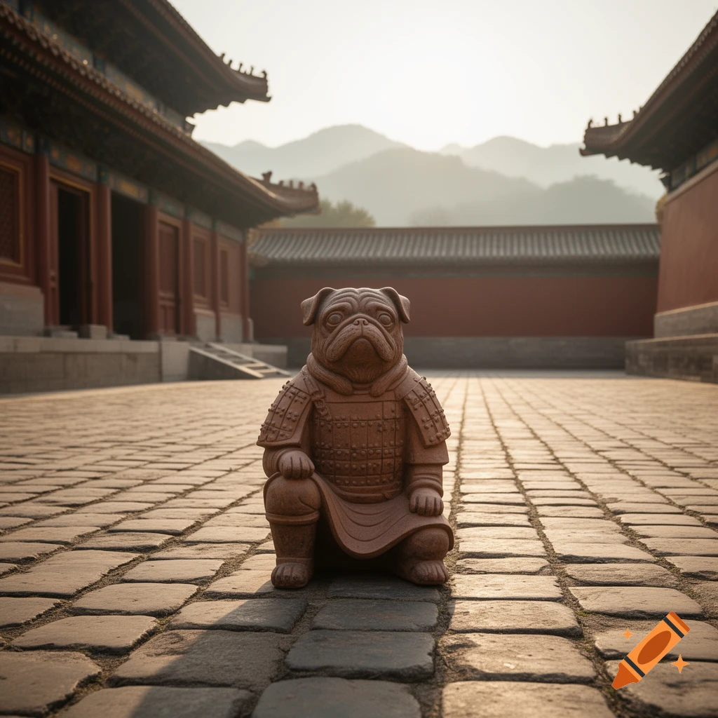 A terracotta warrior pug dog statue sits on a cobblestone courtyard in front of traditional Chinese buildings and mountains.