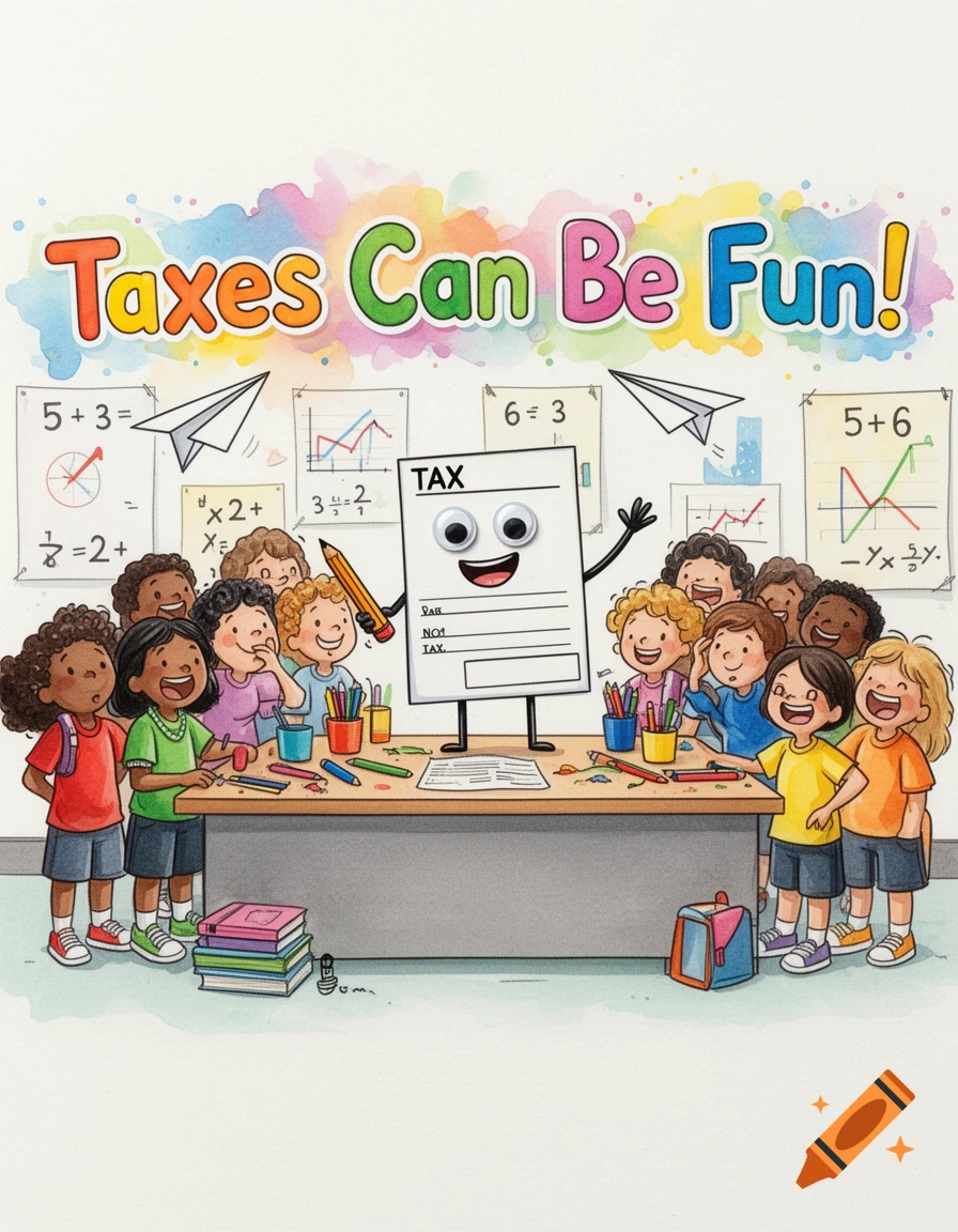 Colorful cartoon illustration of diverse children gathered around a smiling, personified tax form holding a pencil, with 'Taxes Can Be Fun!' at the top and math equations on background whiteboards.