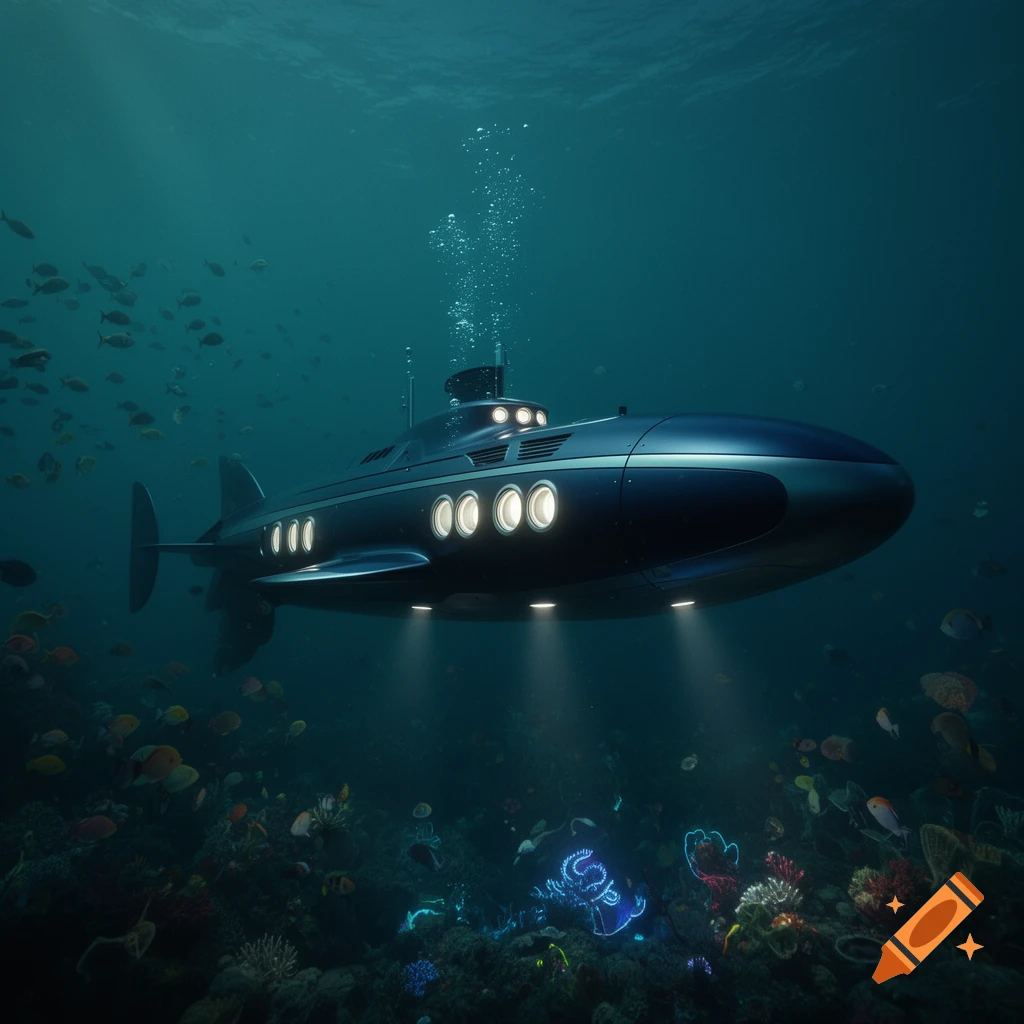A sleek, dark blue submarine with glowing windows and spotlights explores a vibrant coral reef teeming with colorful fish in clear blue water.