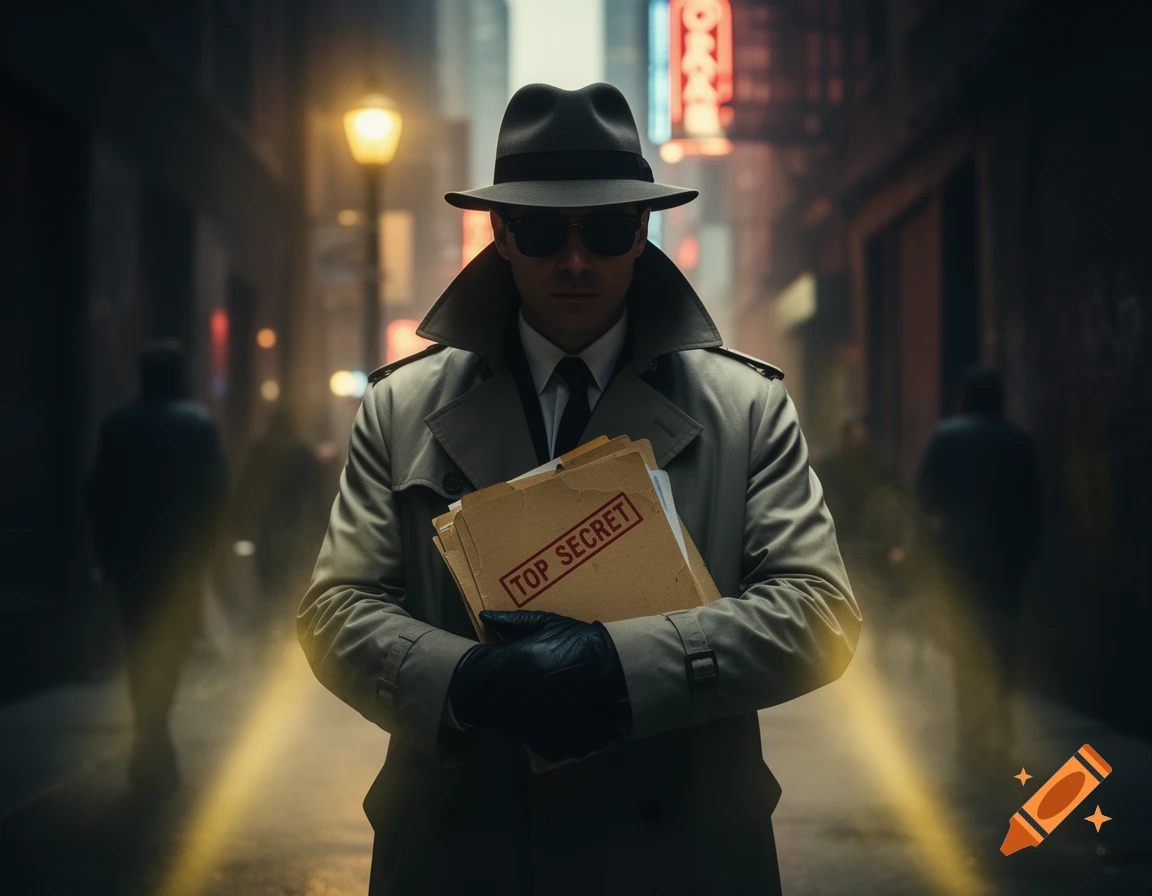 A spy in a trenchcoat, fedora, and sunglasses holds "TOP SECRET" files in a dark, atmospheric city alley.