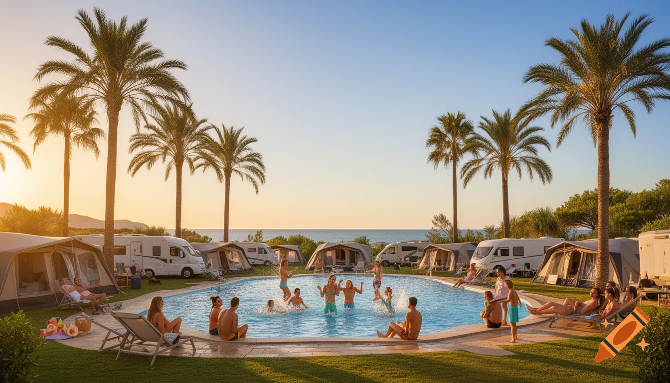 Families swim in a pool at a sunny Mediterranean campsite with palm trees, RVs, tents, and the ocean view at sunset.