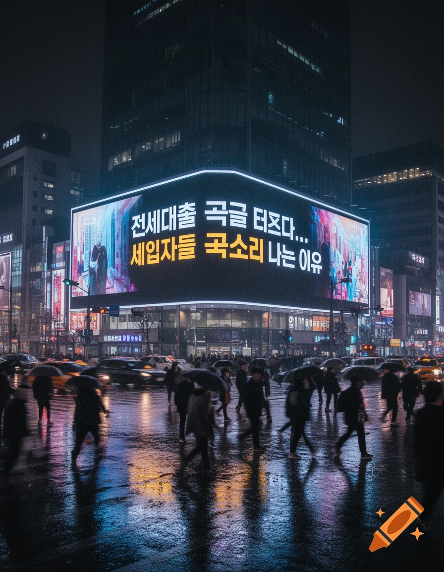 Busy city street at night in the rain, people with umbrellas crossing a wet intersection reflecting neon lights from a large Korean billboard.