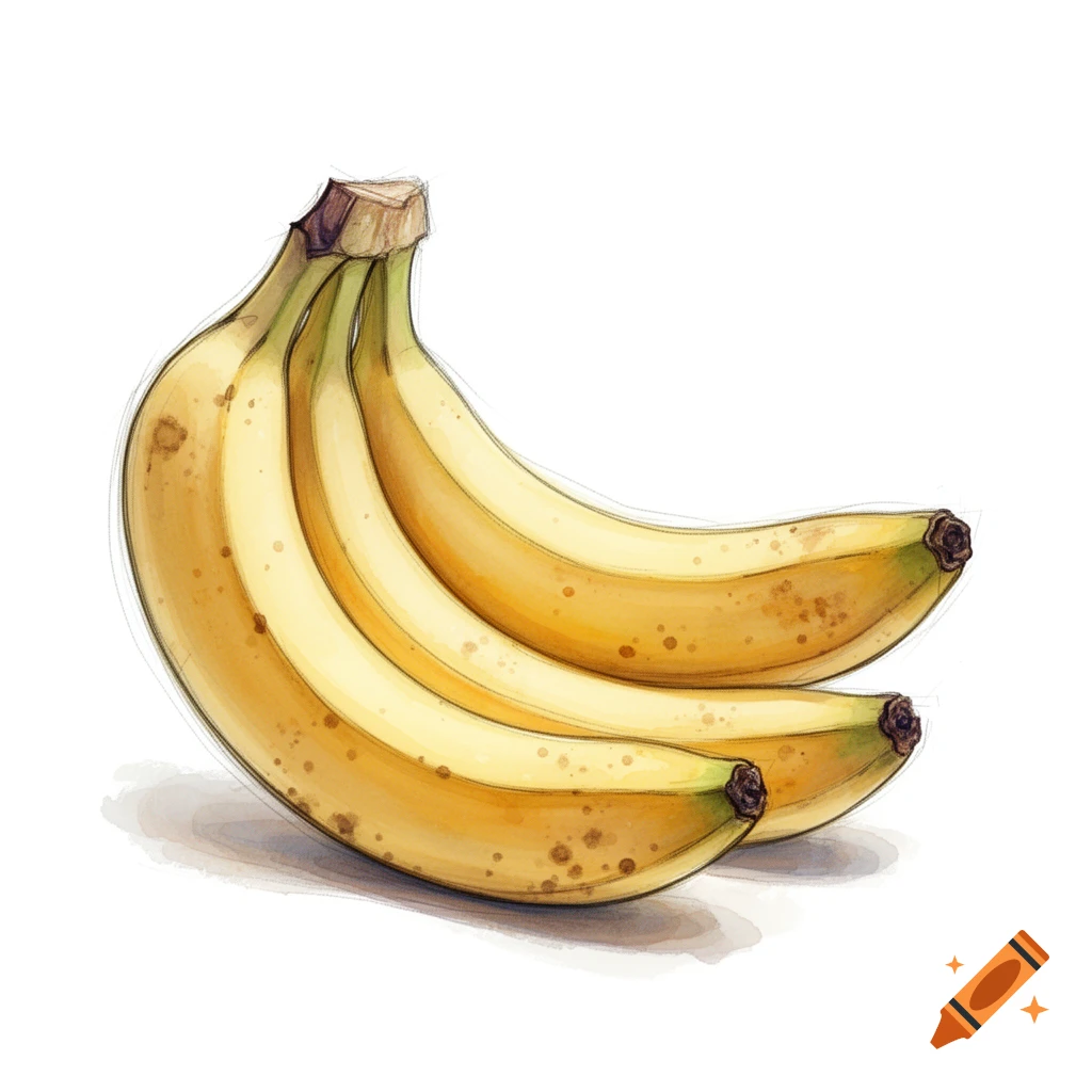 Three ripe bananas with brown spots, rendered in a watercolor sketch style on a white background.