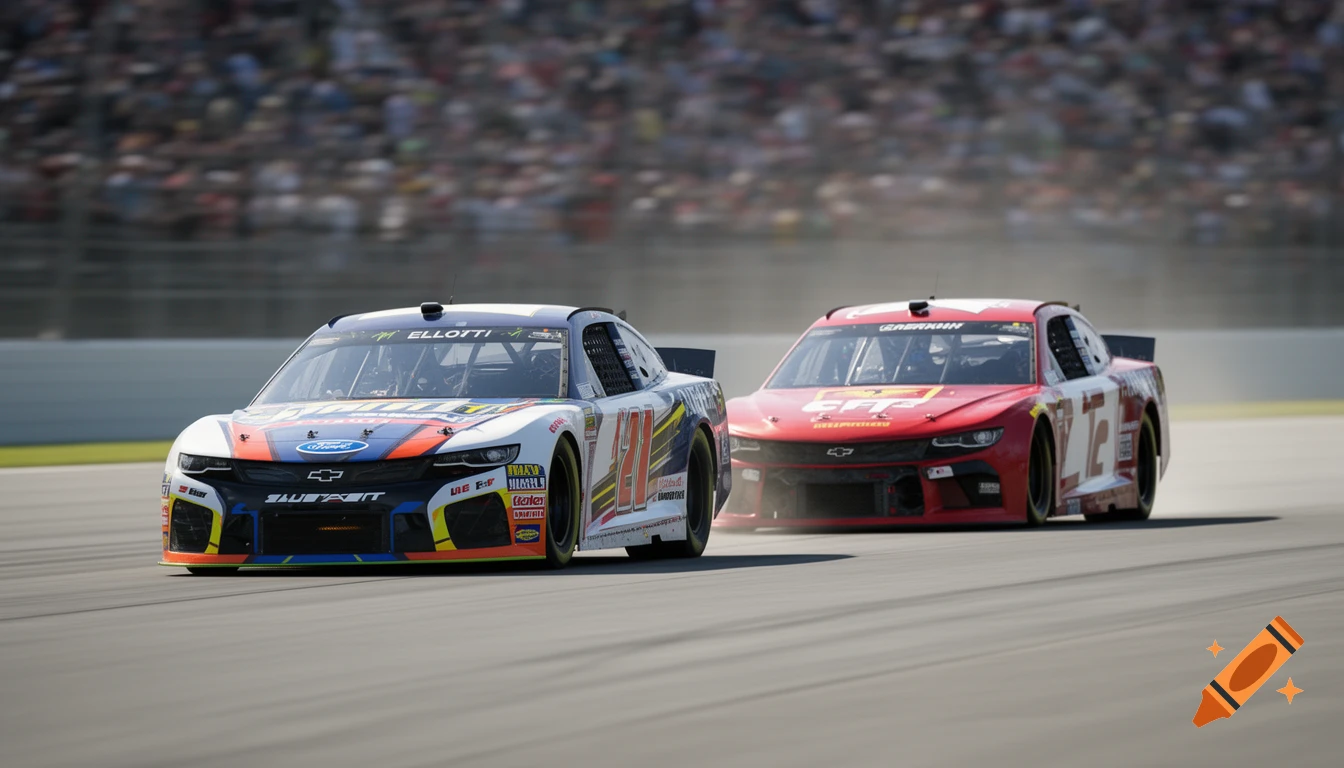 Two race cars, one white and one red, speed around a track with blurred spectators in the background, in a photorealistic style.