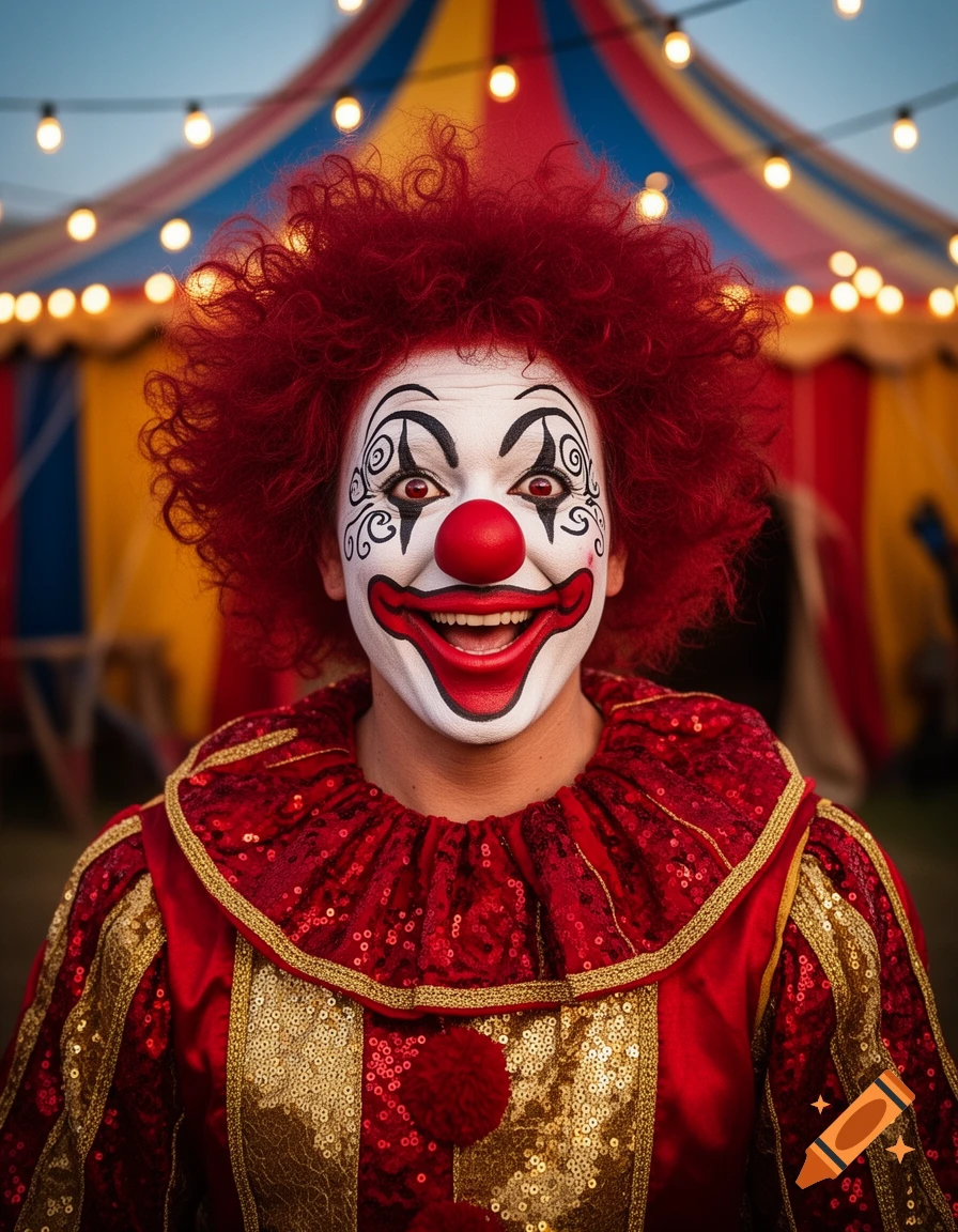 A smiling clown with red curly hair, white face paint, and a red sequined costume stands in front of a colorful circus tent with string lights.