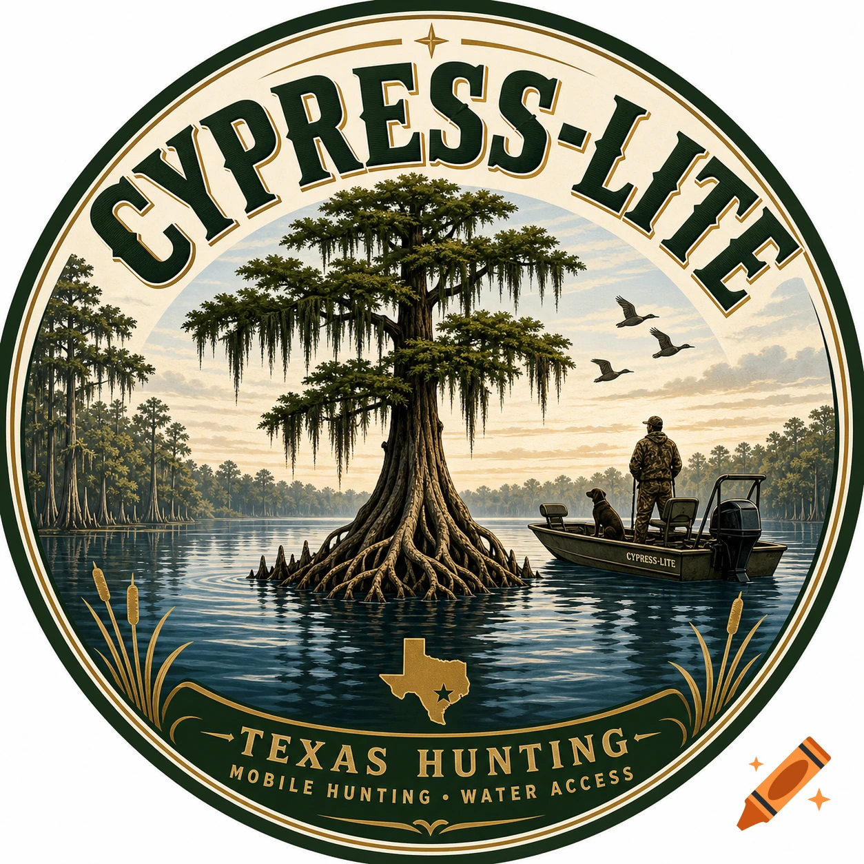 Illustrated logo for Cypress-Lite Texas Hunting, featuring a hunter and dog in a boat, a large cypress tree, and flying ducks in a lake.