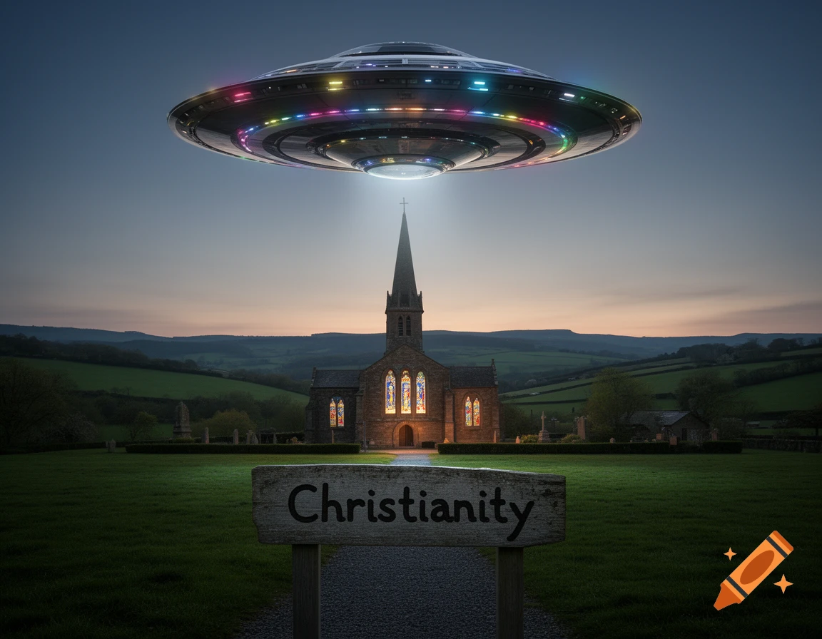 A futuristic UFO with rainbow lights hovers above a traditional stone church in a green, hilly landscape at dusk, with a wooden sign reading 'Christianity' in the foreground.