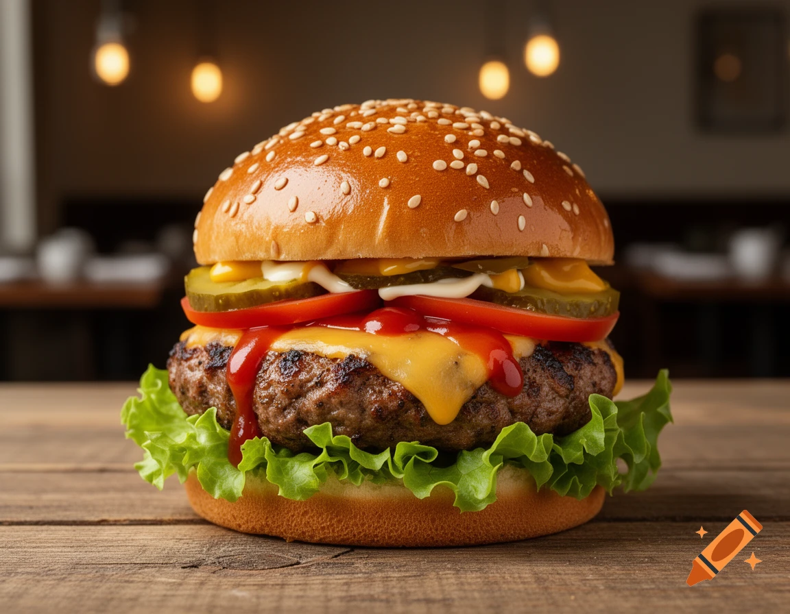 A photorealistic cheeseburger with lettuce, patty, melted cheese, ketchup, tomatoes, and pickles on a sesame seed bun, on a wooden table.