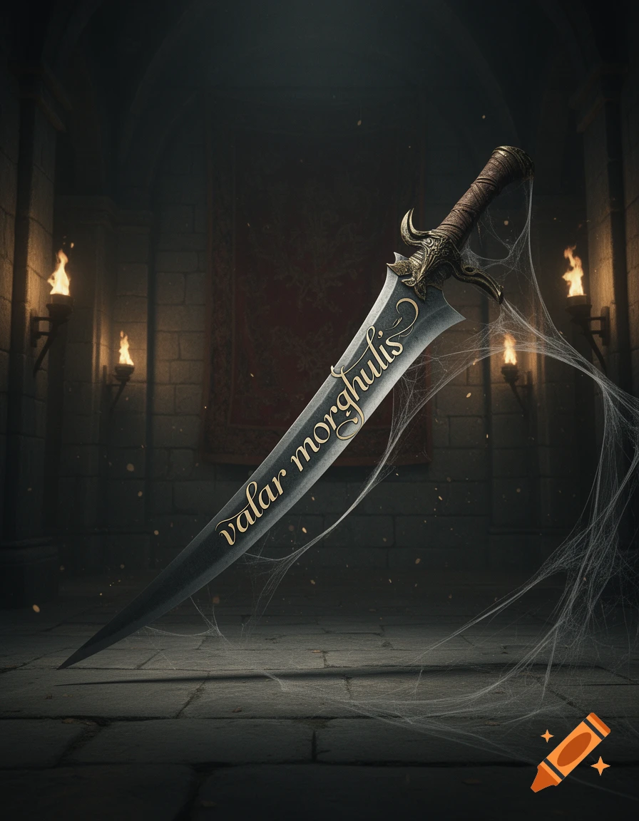 An ornate sword with "valar morghulis" on its blade, covered in cobwebs, in a dark, torch-lit stone chamber.