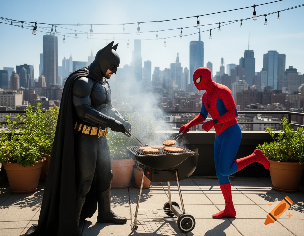 Batman and Spider-Man grill burgers on a sunny city rooftop with a skyline in the background.
