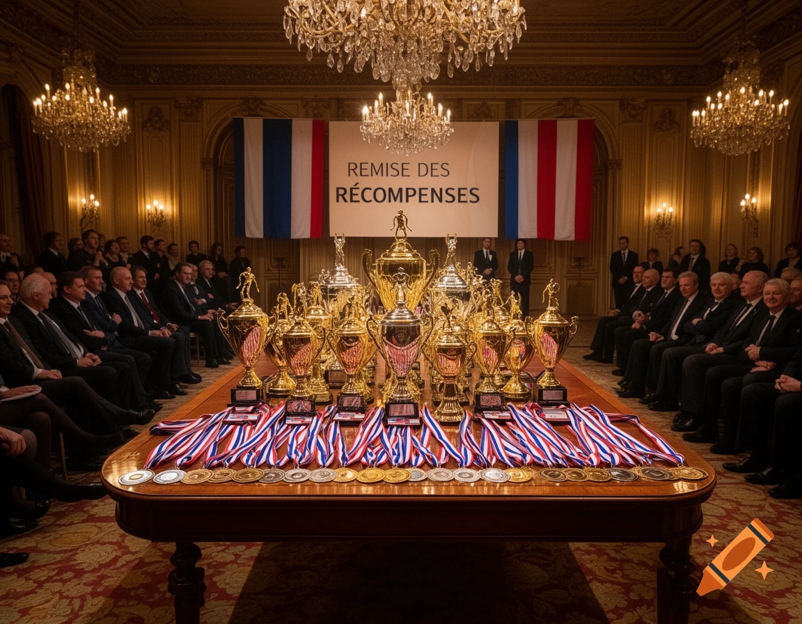 A grand awards ceremony showing many golden trophies and medals on a long wooden table in a richly decorated hall, with attendees in suits and a French flag banner.