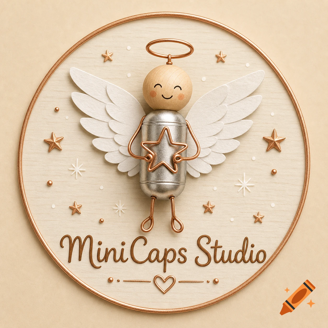 A cute angel figure made of a silver capsule body, wooden head, copper wire limbs, and white paper wings, holding a copper star, with "MiniCaps Studio" text below, all within a circular copper frame on a light beige background.