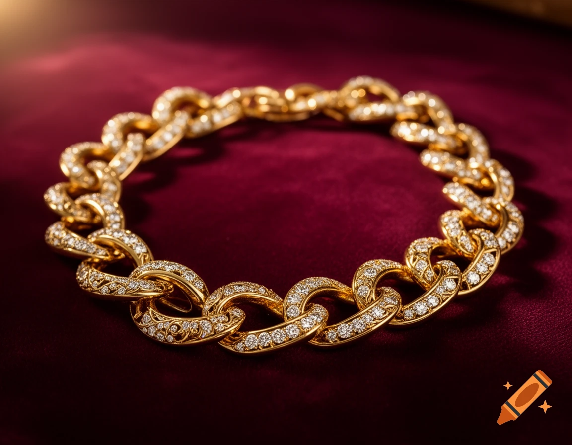 A close-up, photorealistic shot of a gold and diamond-encrusted bracelet with ornate links, resting on a deep red velvet surface.
