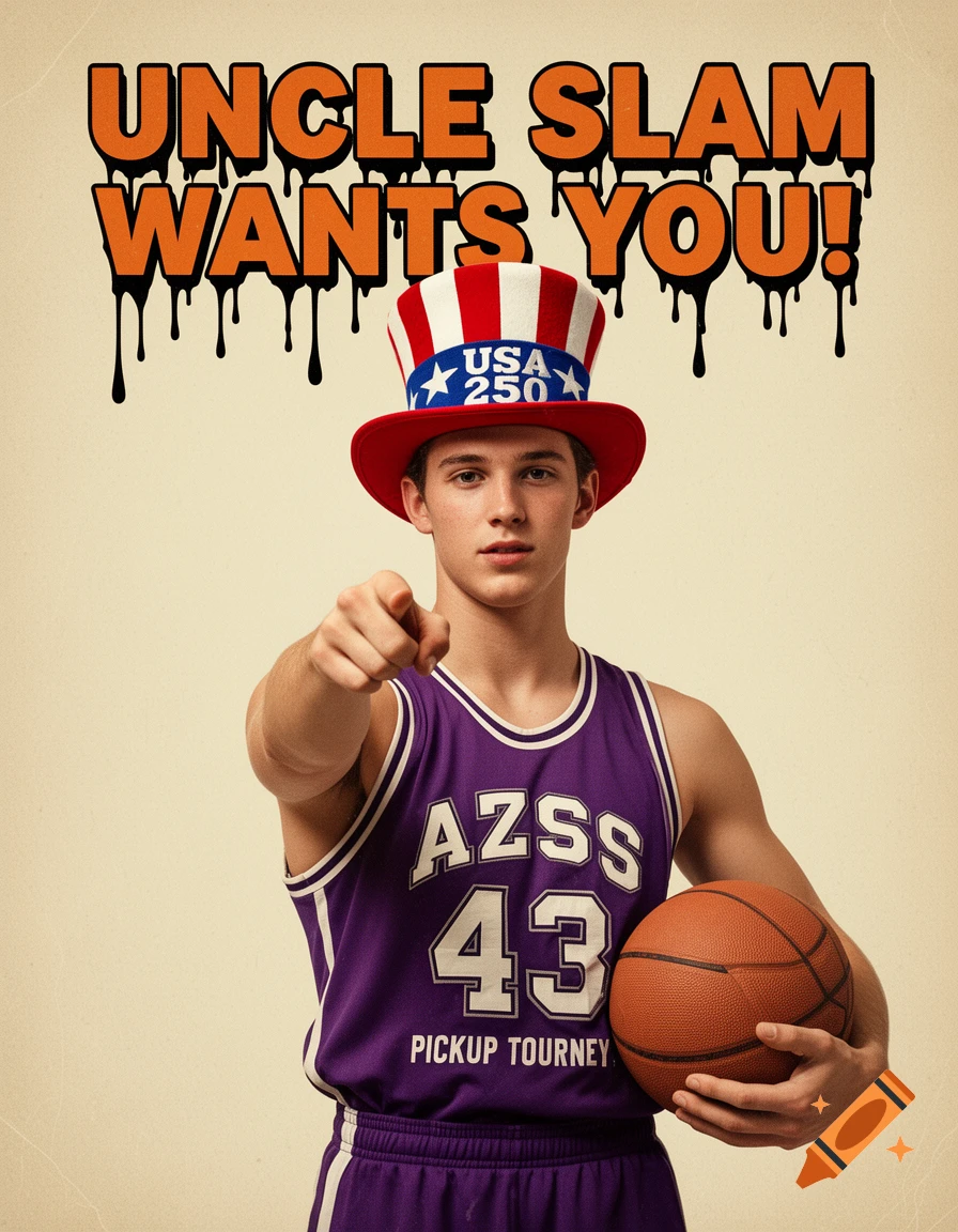 A young man in a purple basketball jersey and Uncle Sam hat points forward, holding a basketball, with 'UNCLE SLAM WANTS YOU!' text above.