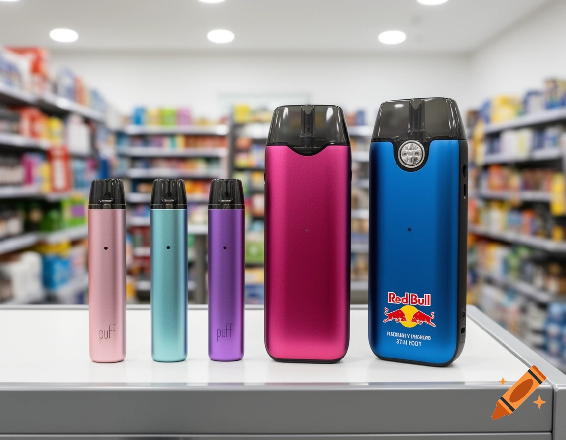 Five colorful vape pens, varying in size, displayed on a counter in a store. The largest blue vape has a Red Bull logo.