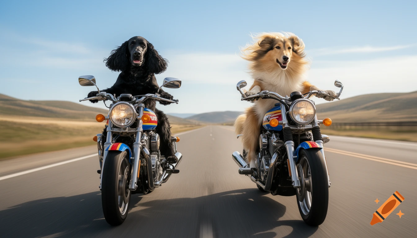 A black dog and a blonde long-haired dog ride motorcycles side-by-side on an open road under a clear sky, photorealistic.
